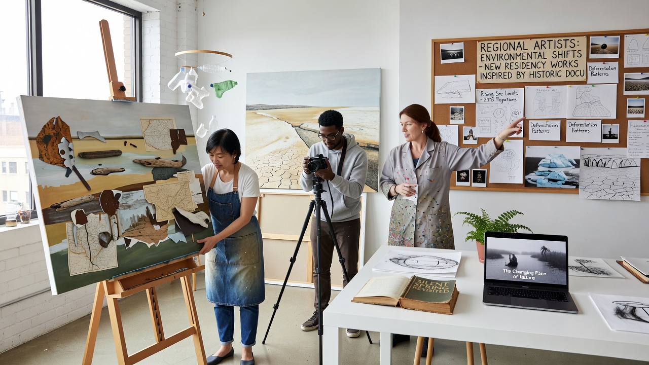Installation view showing layered cyanotype prints and soil samples arranged to illustrate changes in regional vegetation and water levels